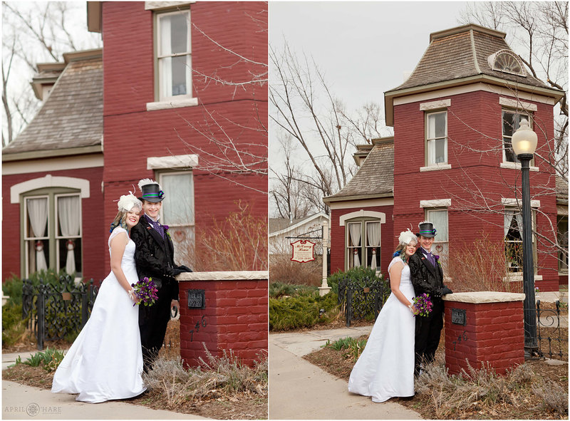 Wedding portraits in front of the McCreery House wedding venue during spring with red bricks in Loveland Colorado