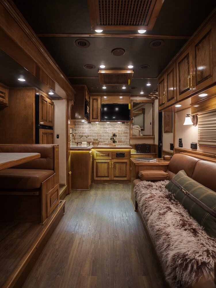 Luxury living quarter horse trailer living room and kitchen