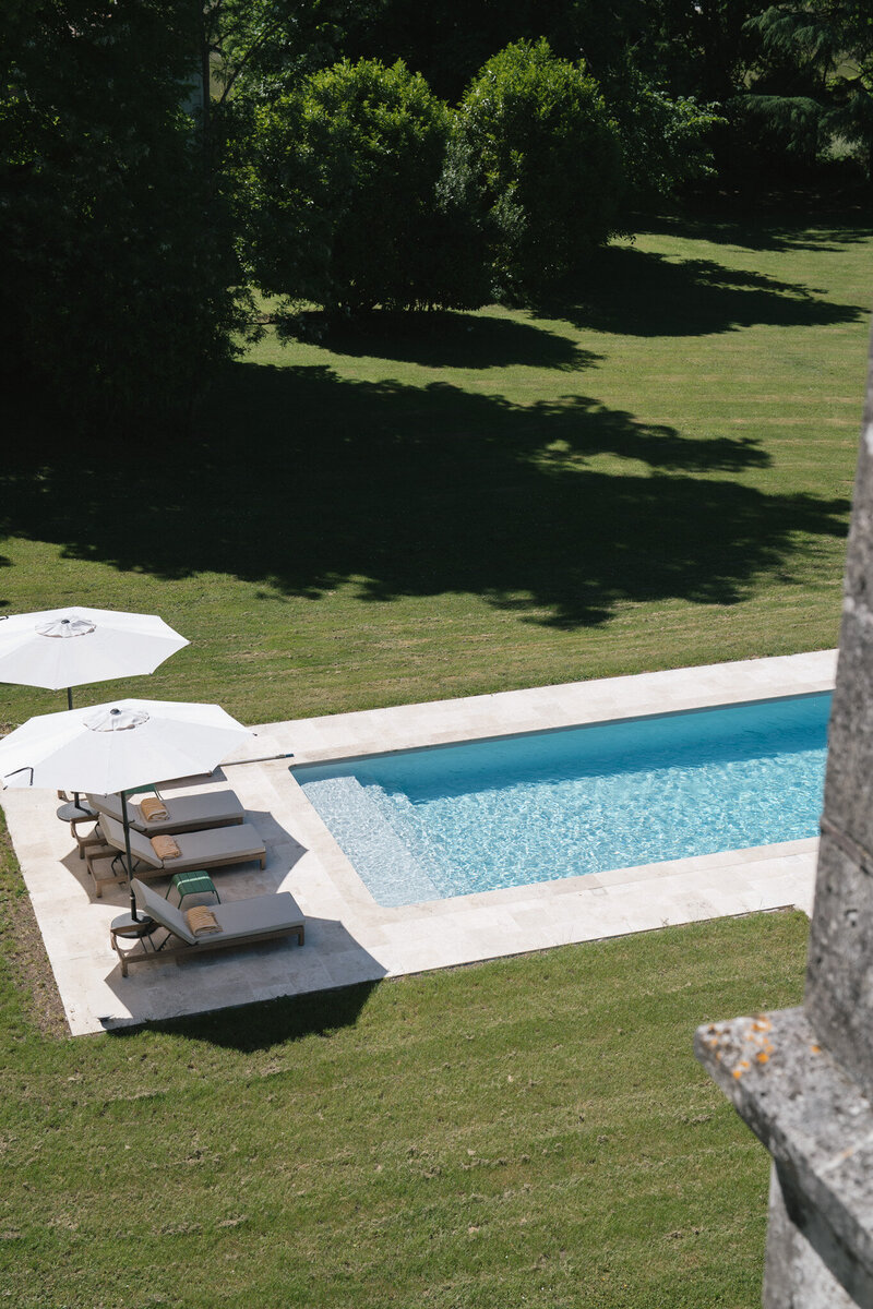 The expansive grounds of Chateau Charente, showcasing the lush organic jardin potager and newly built luxury saltwater pool—an idyllic blend of nature and relaxation in a tranquil, private setting.