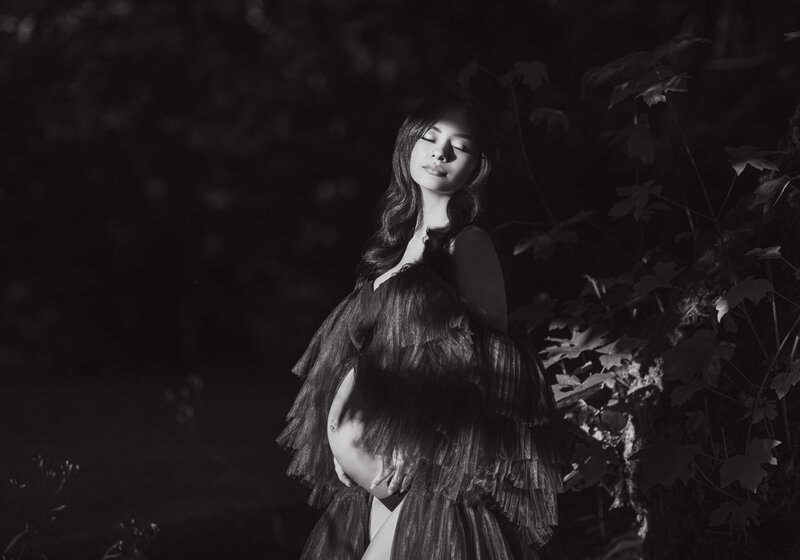 Fine art maternity portrait of pregnant woman in tulle gown posed in silhouette at Tamara Hudson Studios near Seattle