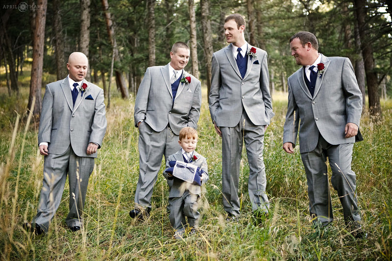 Groomsmen portrait in the woods at The Pines at Genesee