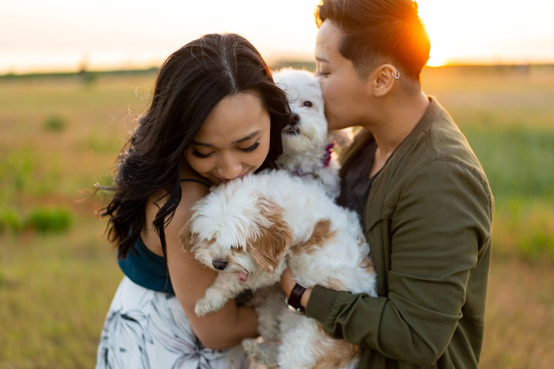 Lesbian couple with their dogs for Steveston engagement