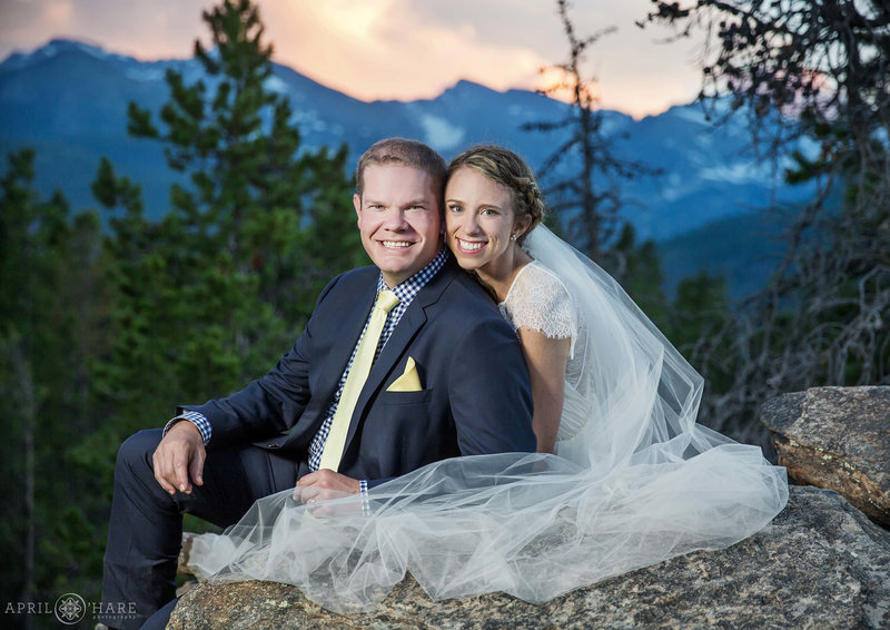 Wedding portrait with views of RMNP from YMCA of the Rockies in Estes Park