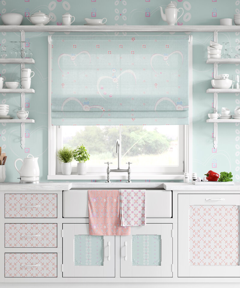 Kitchen with patterned drawers and towels