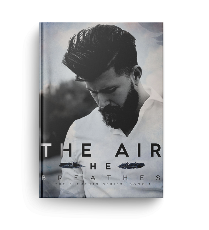 man with beard wearing a white shirt looks down on the cover of the air he breathes by romance author brittainy cherry