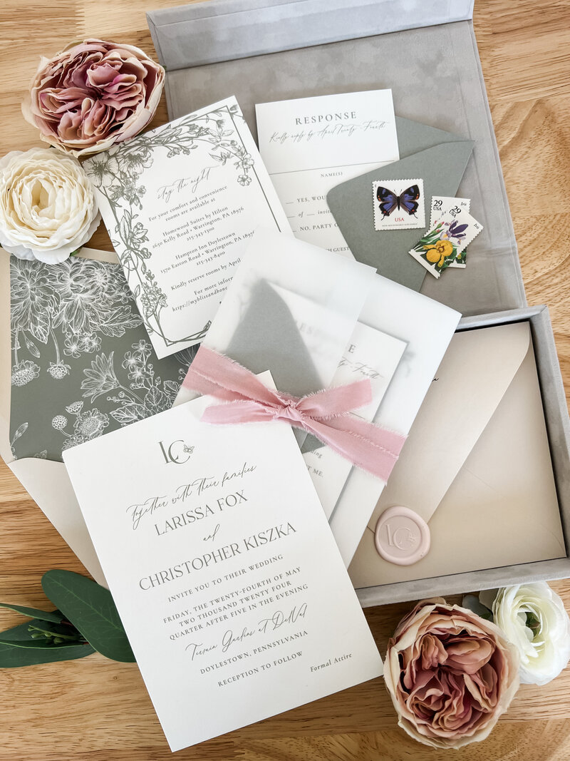 custom Lace and Belle wedding invitation keepsake suite
