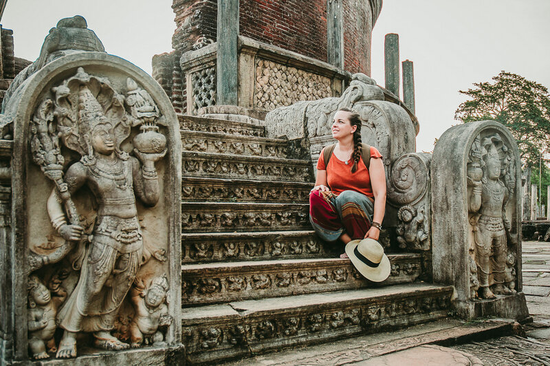 Sitting on the steps of an Ancient Temple in Sri Lanka