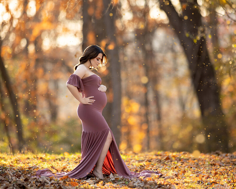 A pregnant woman is wearing  a mermaid style mauve gown, looking down at her bellly
