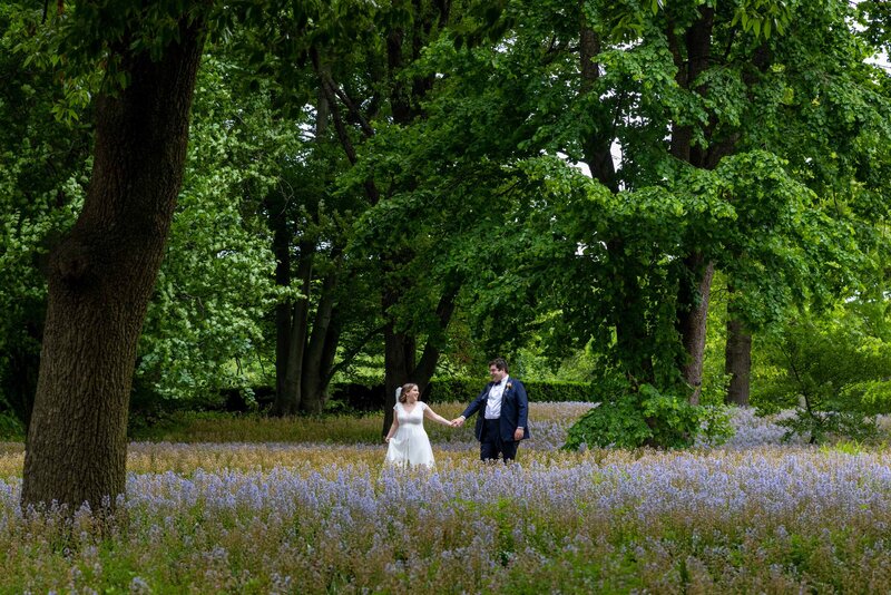 A married couple holding hands and walking through a field of purple flowers.