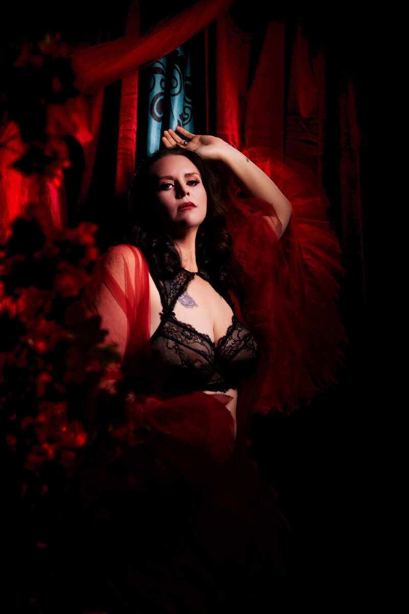 Mysterious murder robe boudoir photo evoking intrigue and allure in Scottsdale, Arizona