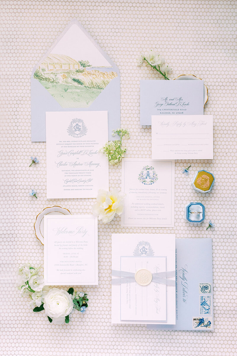 blue and white coastal wedding details