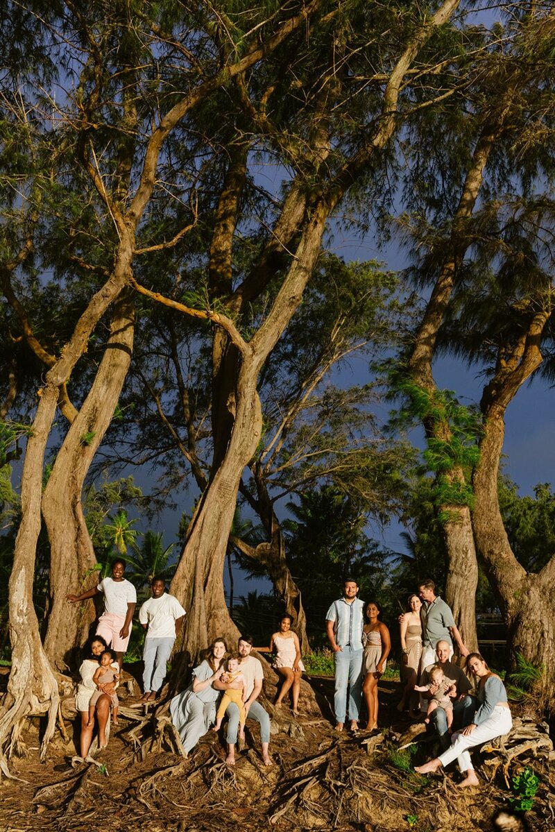 A large extended family pose along the tree line.