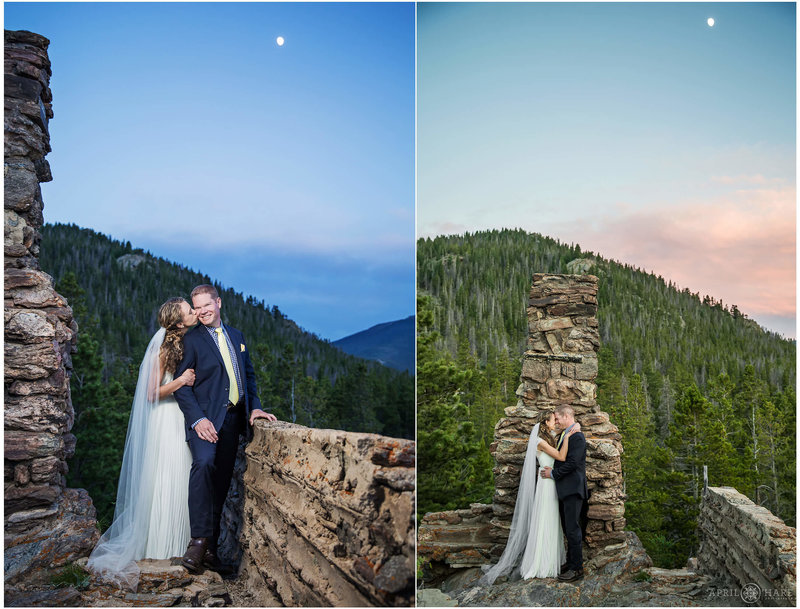 Beautiful wedding photos at sunset from an Estes Park wedding photographer at YMCA of the Rockies