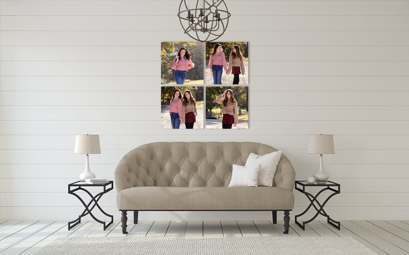 stock photo of a living room with chandelier and two side tables with lamps and a canvas cluster of four prints of sisters from a family portrait session with Carolyn Ann Ryan
