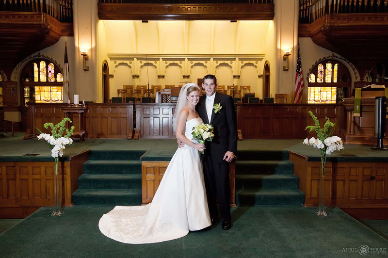 Formal wedding pictures done on the altar area at the historic Central Presbyterian Church in Denver