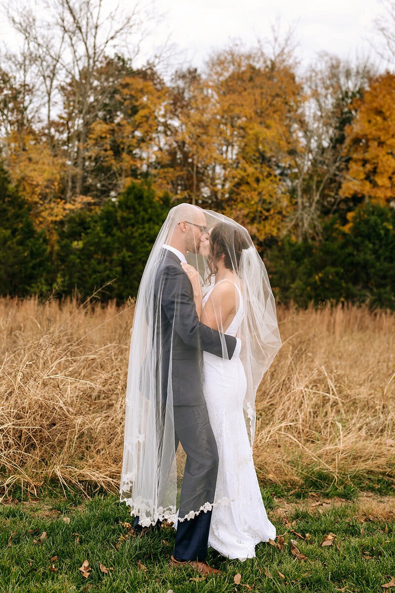 wedding couple kissing under veil