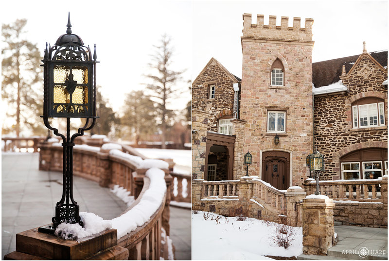 Exterior photos of the Front Veranda area of Highlands Ranch Mansion during winter in Colorado