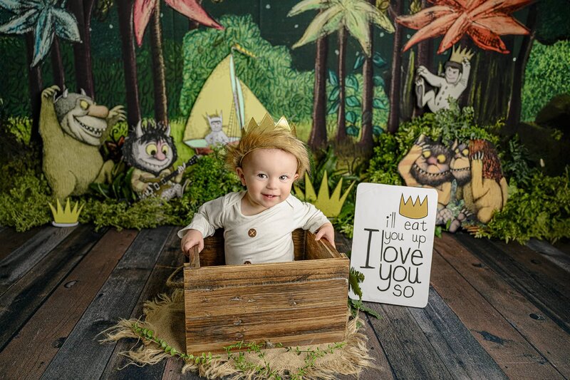 where the wild things are  inspired cake smash set up with a little boy in a box wearing a white outfit