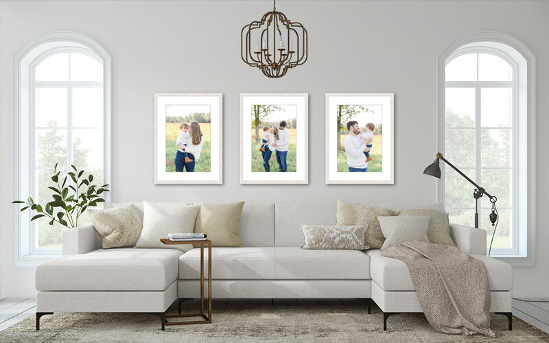 A framed gallery wall of 3 statement pieces from a Newborn Photographer Washington DC photoshoot