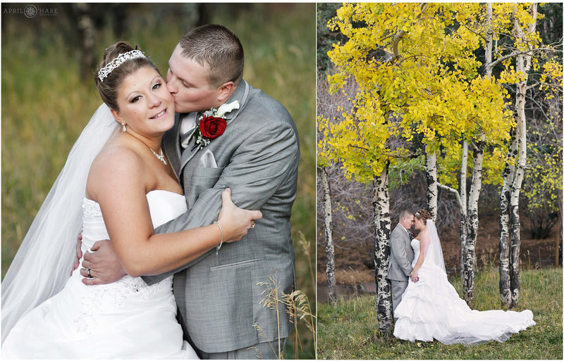 Pretty Fall wedding with yellow aspen leaves at The Pines at Genesee