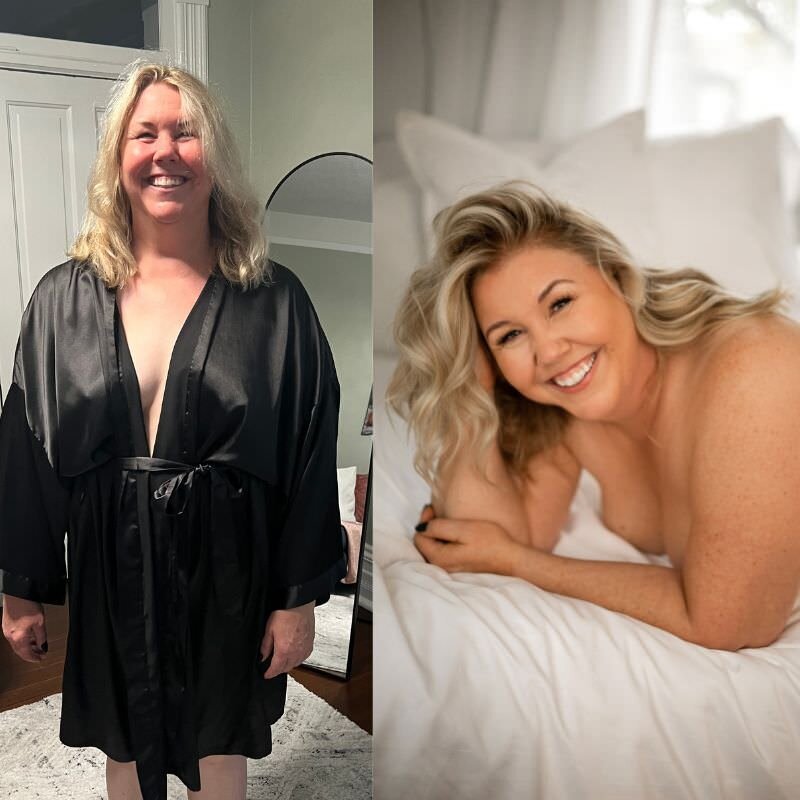 Before & after of a woman in her 50s getting her boudoir image taken