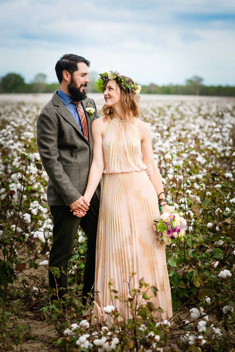 Bride and Groom in a Mississippi Cotton Field