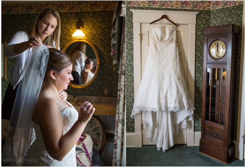 Bride preps for her wedding day in a historic hotel suite at the Hotel Boulderado