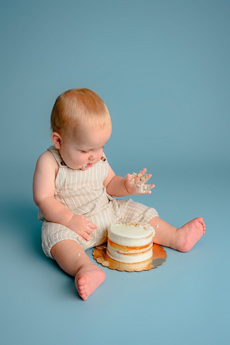 little charlotte area boy looks down at his smash cake