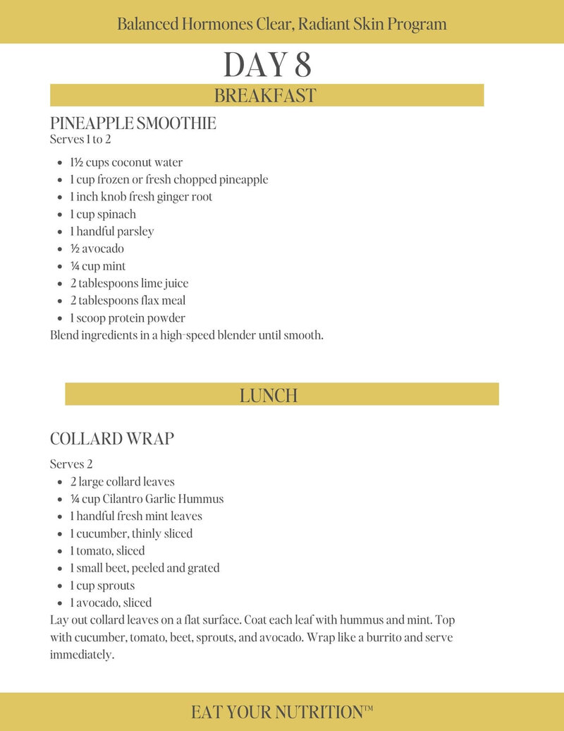 Day 8 meal plan for clear radiant skin and balanced hormones and thyroid recovery