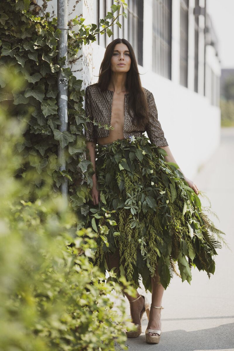 Model wearing floral skirt made with foliage at Gabriel Ross, Victoria, BC - photo by Lia Crowe - Fleuris Studio & Blooms