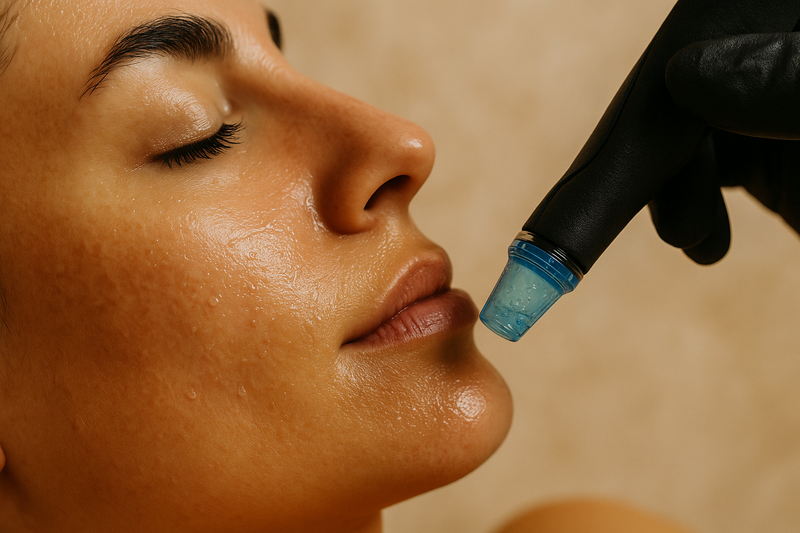 Close-up of Hydrafacial wand gently cleansing skin at Fresh Skin Babes Jenkintown PA.