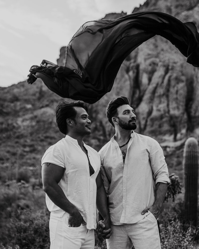 editorial engagement session with gay couple in the desert with cliffs and rocks