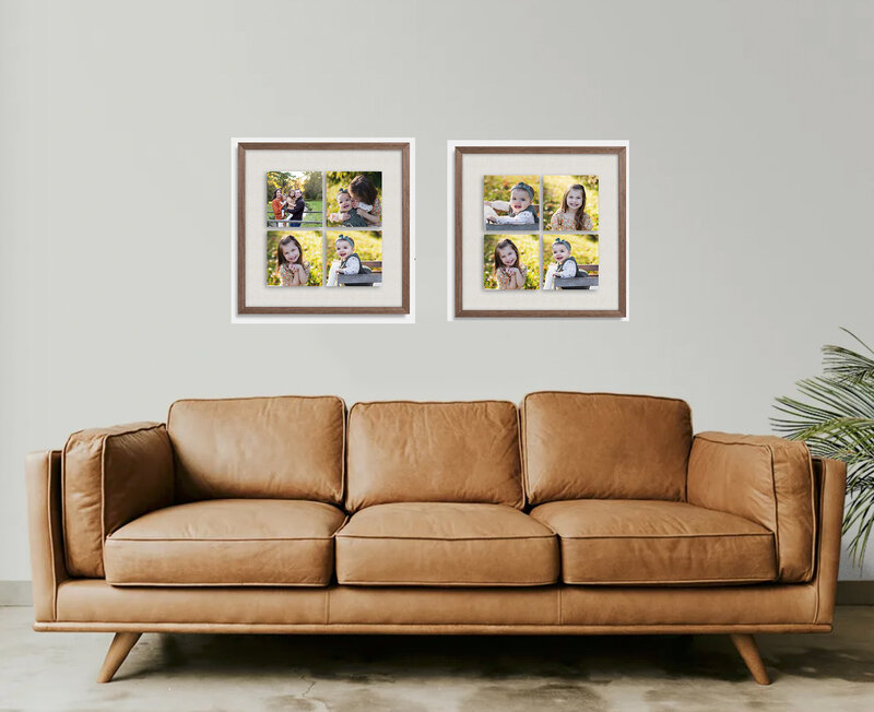 two wood framed collages displayed above a brown leather couch in a Pittsburgh photography studio