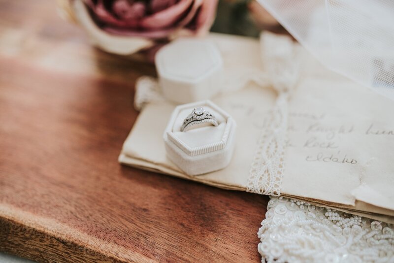 Sacramento Wedding Photographers capture wedding details with ring and invitations