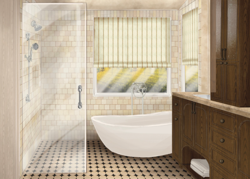 Coto de Caza home renovation by Orange COunty Interior Designer Terri Brien Interiors. Stone mosaic flooring with zellige wall tile, custom walnut vanity and free standing tub