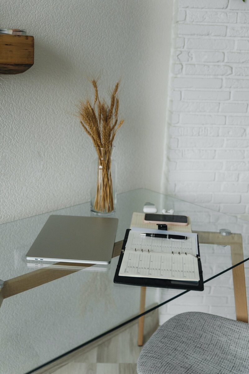 A computer and open planner sit atop a glass desk with dried plants next to it.
