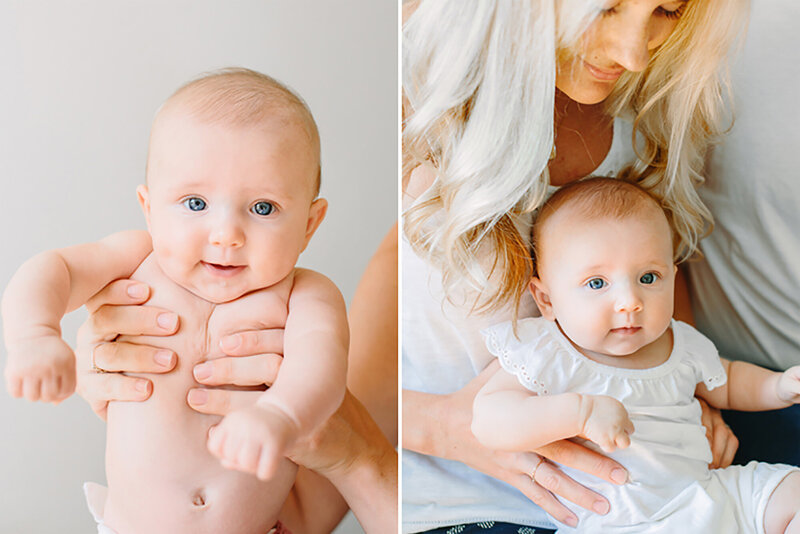 A mom holds her child during a portrait session in Daniele Rose Photography's natural light studio