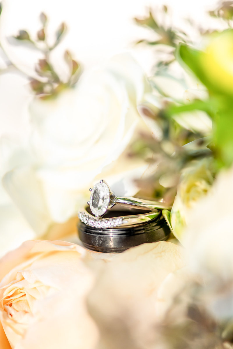 close up of groom's black ring and brides solitary diamond and wedding band.