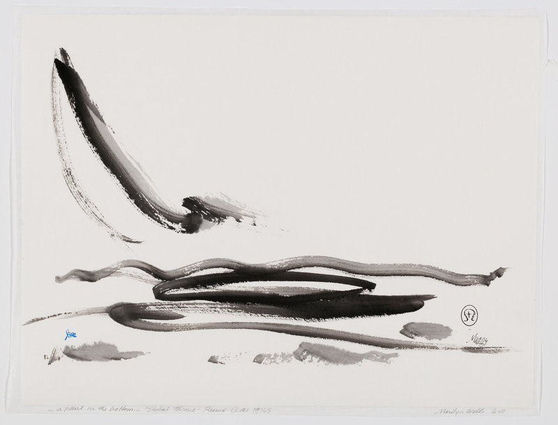 Abstract sumi e painting by Marilyn Wells based on a poem by Rumi, "When you see a pearl on the bottom, ho reach through the foam and the broken sticks on the surface". Ink on Paper