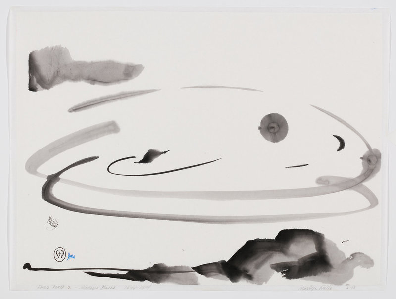 Abstract sumi e painting by Marilyn Wells based on Bashō’s quote, ”Frog pond. A leaf falls in without a sound.” Ink on paper