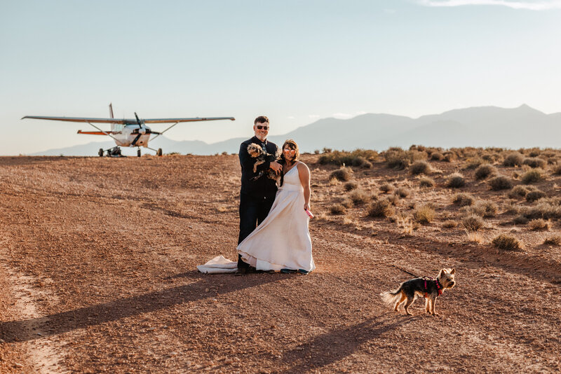 A bride and groom in the desert with a plane and two dogs on their elopement wedding day