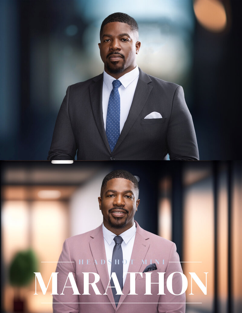 Professional headshots of a confident Black man highlighting both formal and contemporary personal branding styles. In the first image, he is dressed in a classic gray suit with a blue tie, standing against a softly blurred corporate background, exuding professionalism and poise. The second image showcases him in a stylish pink blazer with a white shirt and gray tie, positioned in a warm, modern office setting, projecting approachability and modern sophistication. Both portraits were captured during a headshot mini-marathon at Janel Lee Photography in Cincinnati, OH.