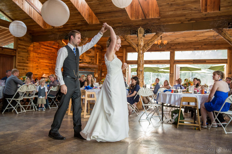 First Dance inside the rustic barn at Mountain View Ranch in Pine
