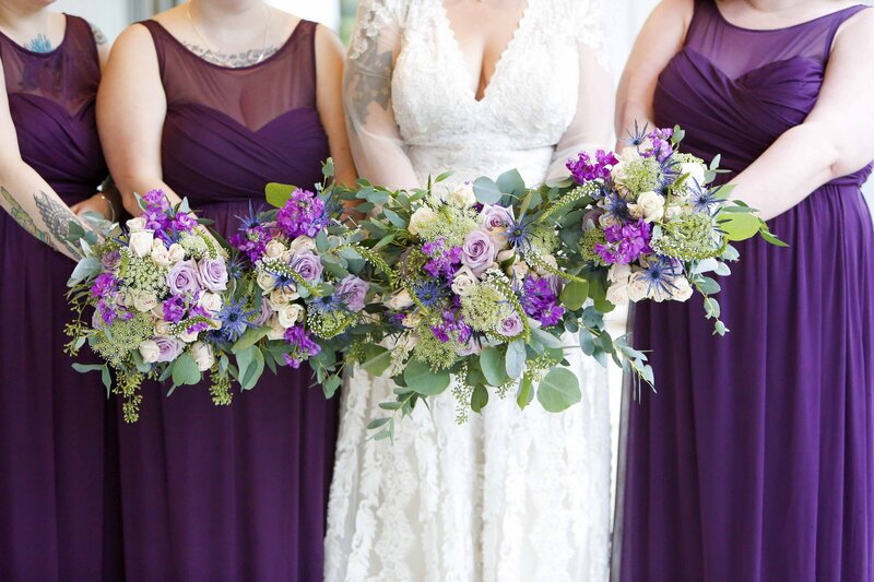 Closeup of purple wedding flowers