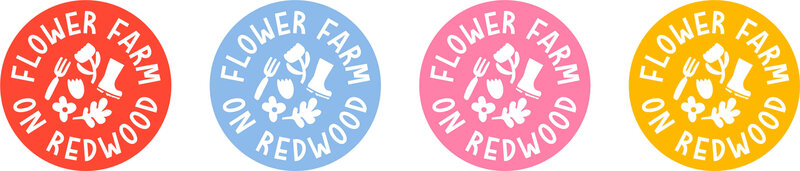Colorful badges for flower farm on redwood