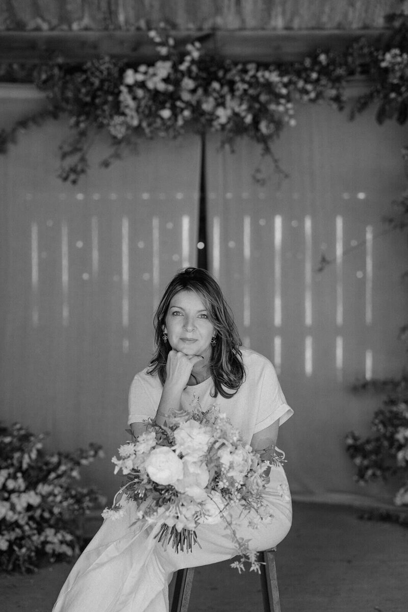 Black and white image of Elaine Graham at Pesh Flowers