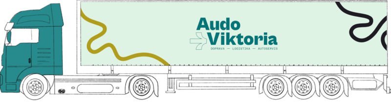 Ilustrace kamionu s brandingem Audo Viktoria určeného pro logistiku, dopravu a autoservis