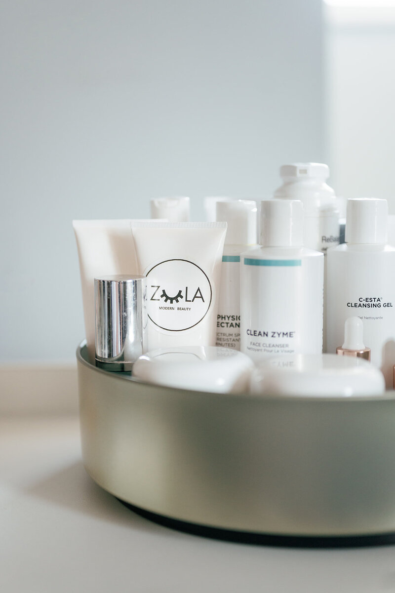 Zula Modern Medspa skincare products in a tray