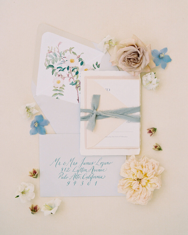 Dominique Alba Studio wedding invitations romantic garden party blue and blush