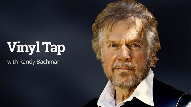 Randy Bachman Vinyl Tap Radio Show Promotional Image closeup against grey background title of program next to him